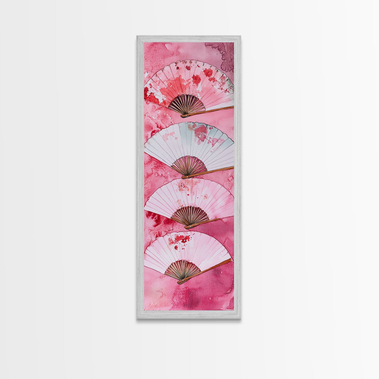 Elegant Fans Canvas Print - Chinoiserie Style Long Narrow Wall Art, Vintage-Inspired Pink Artwork, Skinny Vertical Painting