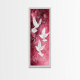 White Doves Canvas Print - Angel Art Prints on Burgundy Background, Symbolic Bird Art, Light Pink Abstract Vertical Wall Decor