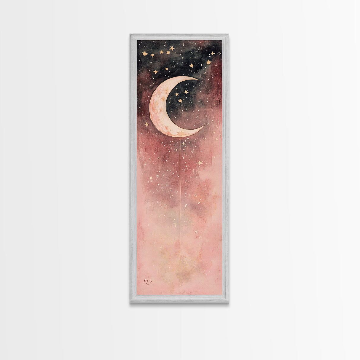Crescent Moon Canvas Print Starry Night Pink Abstract Vertical Wall Art Zen Room Decor Dreamy Boho Gift Idea