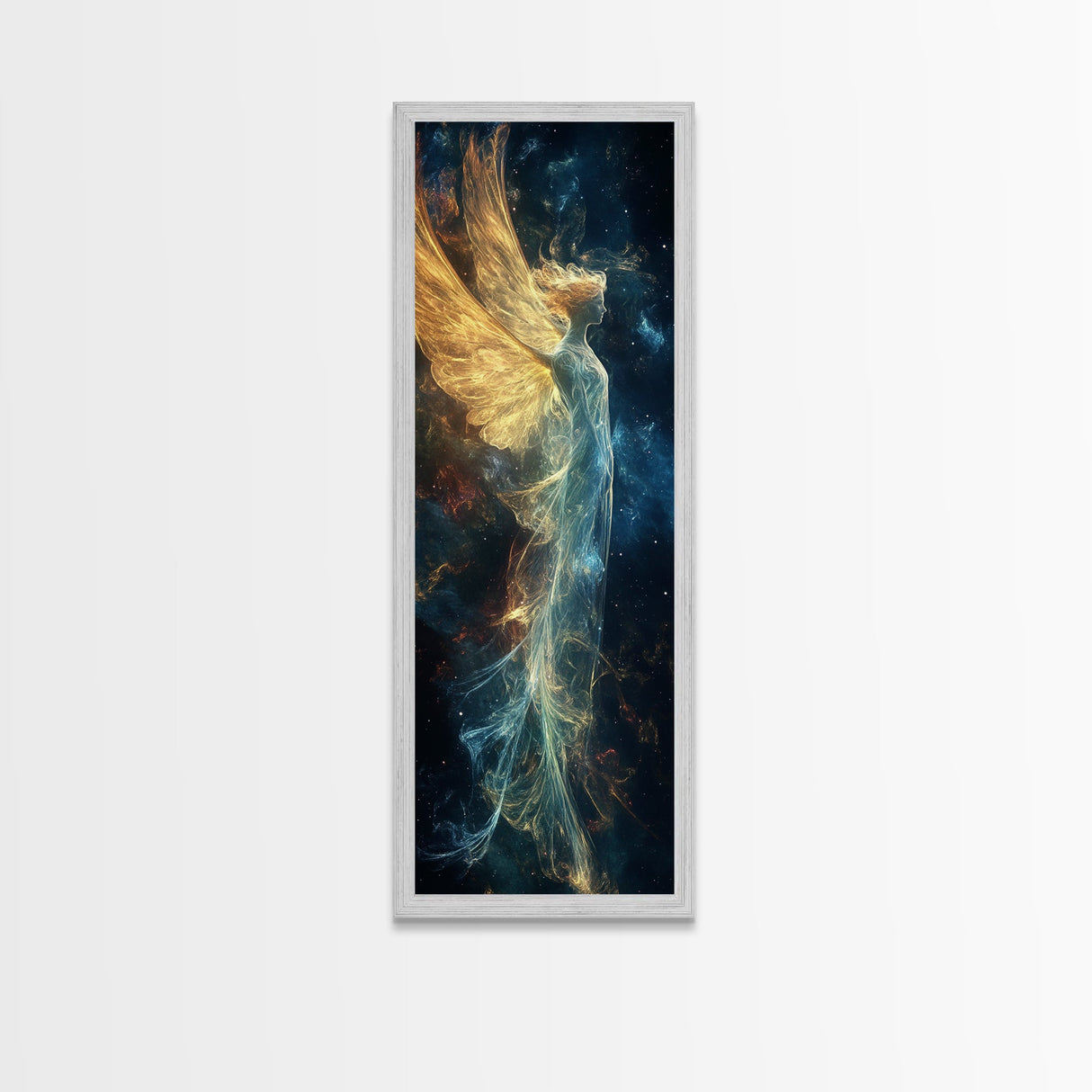 Angelic Wings Canvas Print with Golden Lights, Angel Art Prints, Vertical Wall Art, Bedroom Art, Gift Idea, Boho Art