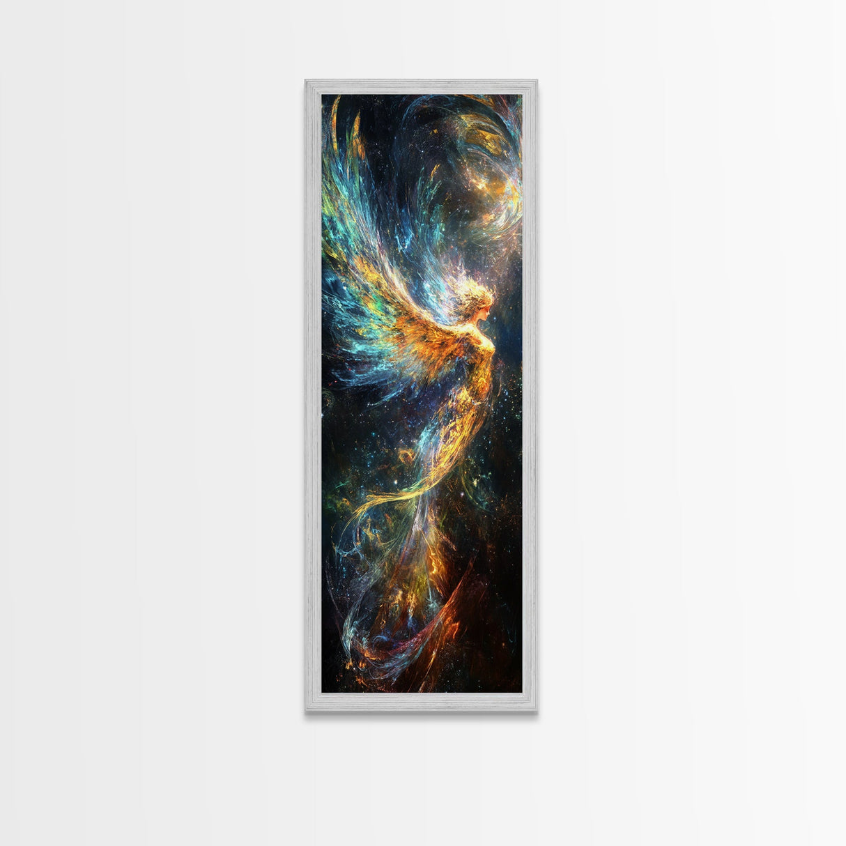 Ethereal Golden Angel Framed Canvas Print with Starlit Background, Angel Art Prints, Boho Art, Bedroom Art, Living Room Art, Vertical Wall Art