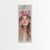 Floral Goddess Portrait Canvas Print Cherry Blossom Painting Feminine Art Bedroom Decor Light Pink Vertical Artwork Boho