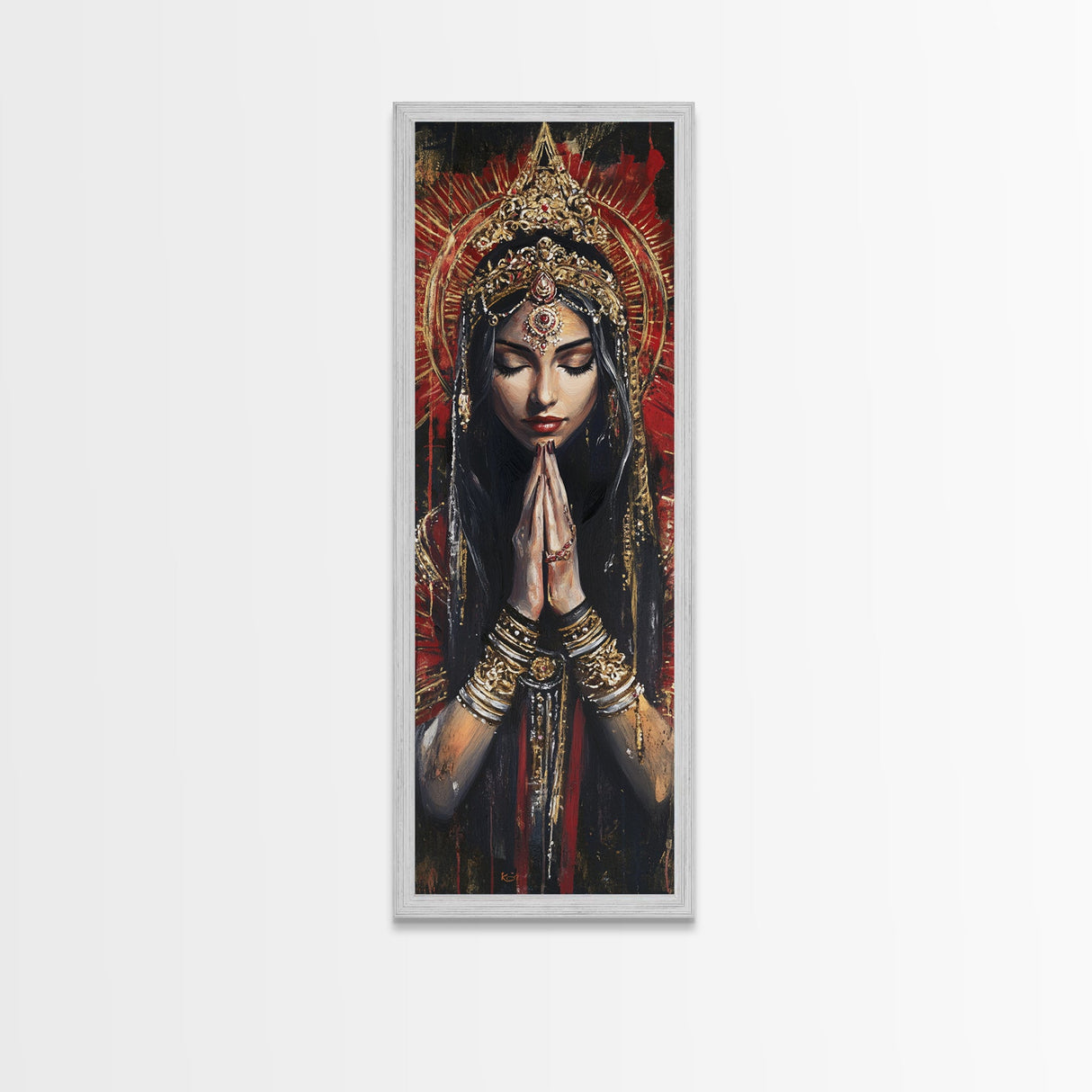 Goddess Prayer Painting Framed Canvas Print, Kerala Mural Art with Rich Red and Gold, Dark Angels Wall Art for Boho Bedroom Decor