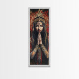 Goddess Prayer Painting Framed Canvas Print, Kerala Mural Art with Rich Red and Gold, Dark Angels Wall Art for Boho Bedroom Decor