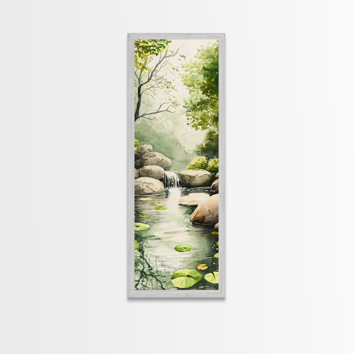 Tranquil Waterfall Scene Framed Canvas Print Green Wall Art Botanical Prints Vertical Landscape Art Above Bed Living Room Decor