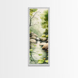 Tranquil Waterfall Scene Framed Canvas Print Green Wall Art Botanical Prints Vertical Landscape Art Above Bed Living Room Decor