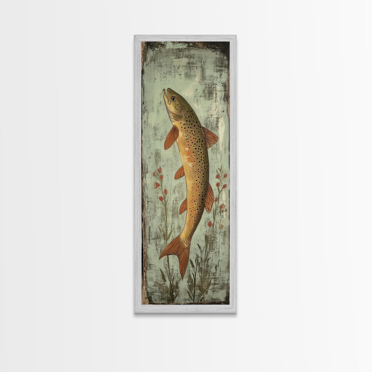 Trout Art Rustic Framed Canvas Print Skinny Vertical Art Fly Fishing Art Rustic Decor Tall Narrow Art Guest Room Wall Decor