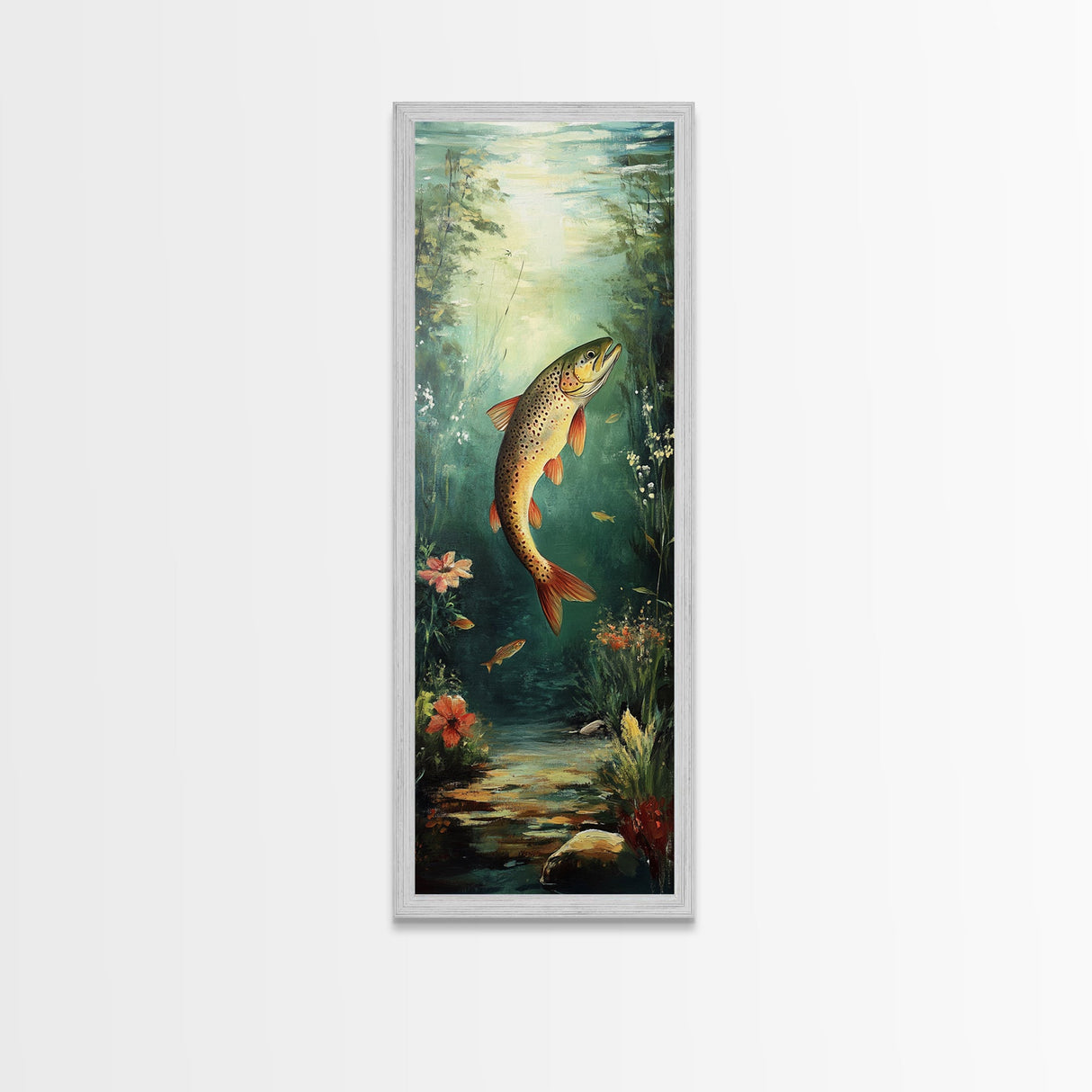 Underwater Trout Scene Canvas Print Rustic Wall Art Fly Fishing Art Wildflower Painting Skinny Art Vertical Rustic Decor