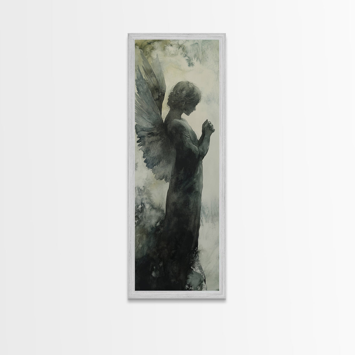 Watercolor Angel Canvas Print with Elegant Moody Design, Dark Angels Wall Art Gift Idea, Vertical Bedroom Zen Art Piece