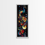 Dynamic Peacock Framed Canvas Print with Swirling Colors, Vibrant Bird Art Perfect Vertical Wall Art and Boho Home Decor Accent