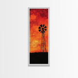 Rustic Windmill Framed Canvas Print, Southwest Farmhouse Decor, Moody Sunset Landscape Wall Art, Vertical Artwork for Bedroom