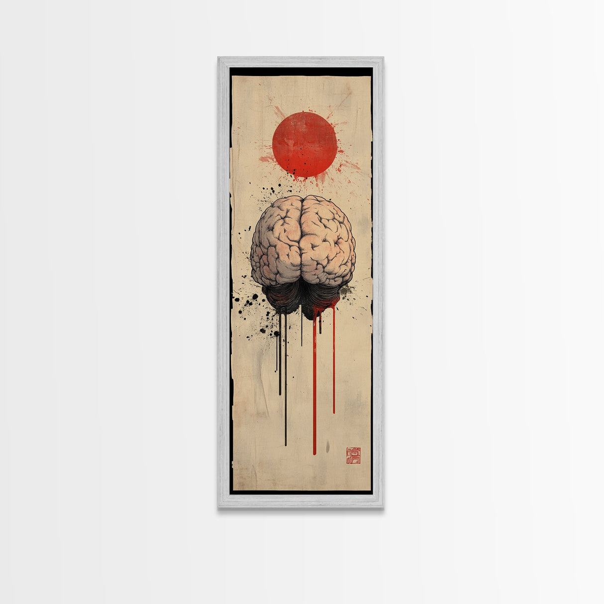 Red Sun Brain Framed Canvas Print, Abstract Science Wall Art, Moody Therapy Artwork, Vertical Wabi Sabi Decor, Living Room Art