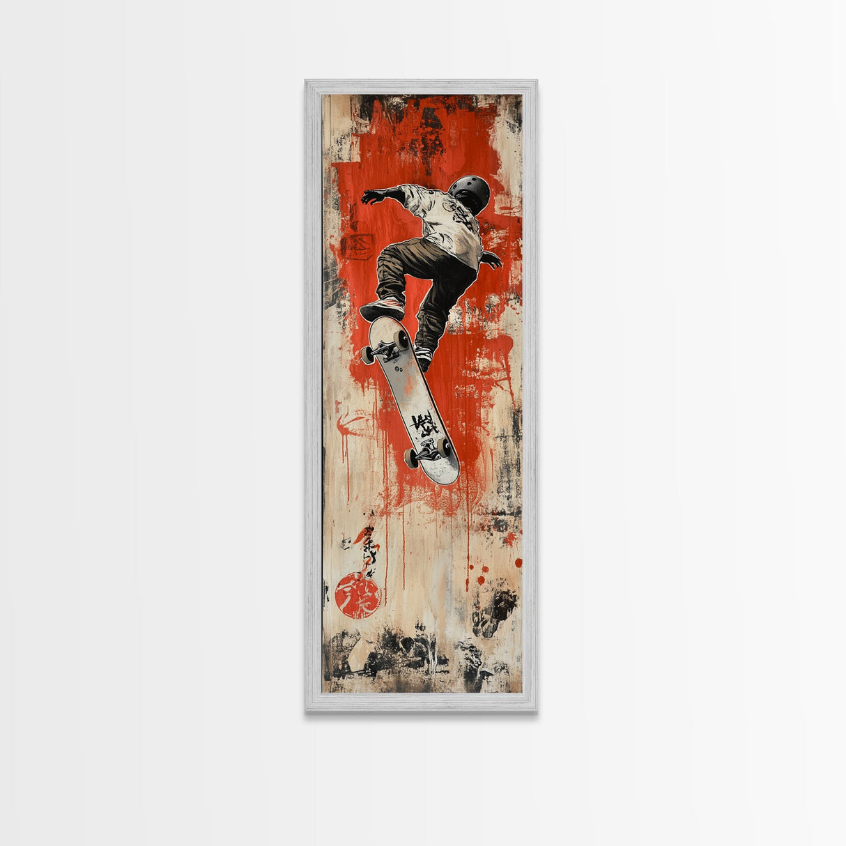 Skateboarder Canvas Print, Red and Black Urban Wall Art, Graffiti Inspired Vertical Artwork, Gift Idea for Living Room or Teen Bedroom