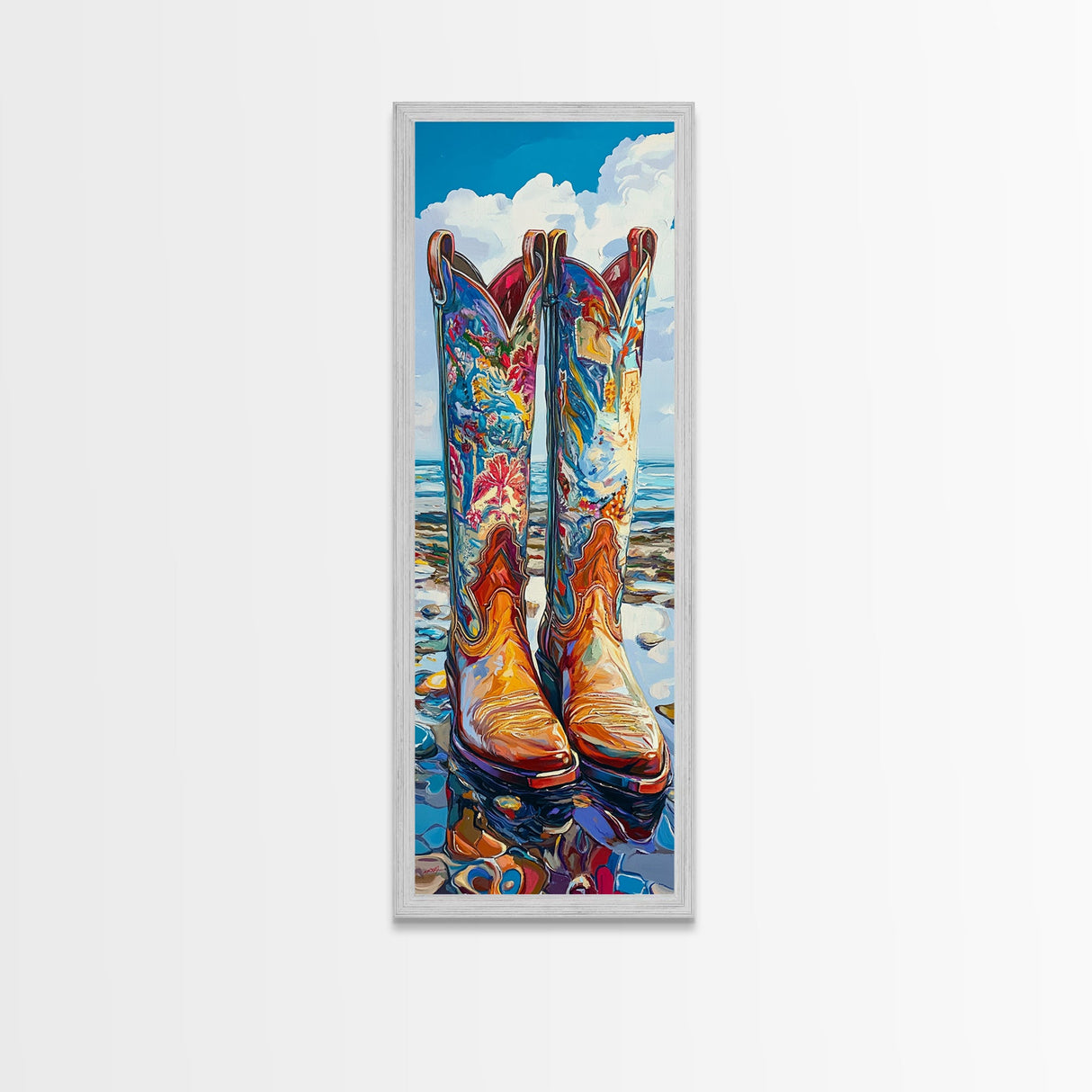 Vibrant Western Boots Framed Canvas Print, Coastal Cowgirl Artwork, Farmhouse Rustic Decor, Bright Living Room Vertical Art