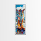 Vibrant Western Boots Framed Canvas Print, Coastal Cowgirl Artwork, Farmhouse Rustic Decor, Bright Living Room Vertical Art
