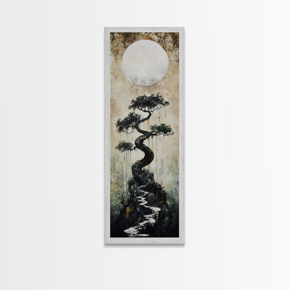 Mystical Moon and Bonsai Canvas Print Zen Wall Art Serene Wabi Sabi Decor Minimalist Nature Artwork Vertical Framed Artwork