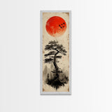 Bold Red Sun Pine Tree Framed Canvas Print Japanese Inspired Minimalist Wall Art Rustic Zen Decor Unique Vertical Nature Artwork