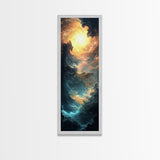 Celestial Abstract Landscape Framed Canvas Print Moody Horizontal Wall Art Blue and Gold Living Room or Bedroom Decor