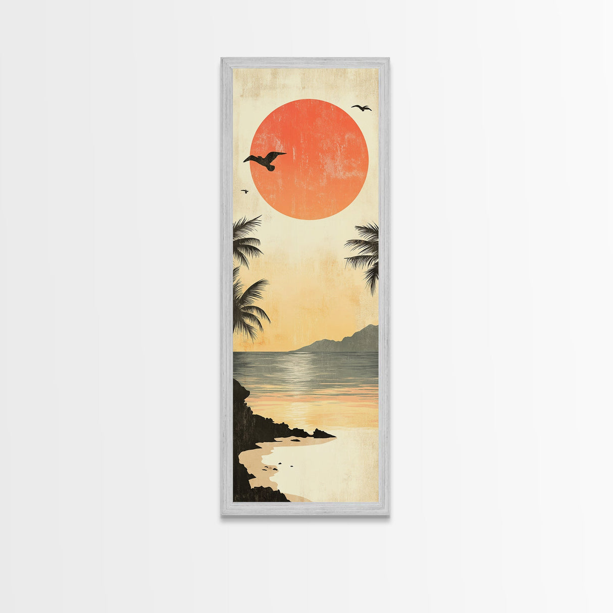 Seagulls At Sunset Beach Framed Canvas Print | Coastal Wall Art | Tropical Landscape Art | Nautical Painting | Living Room Decor