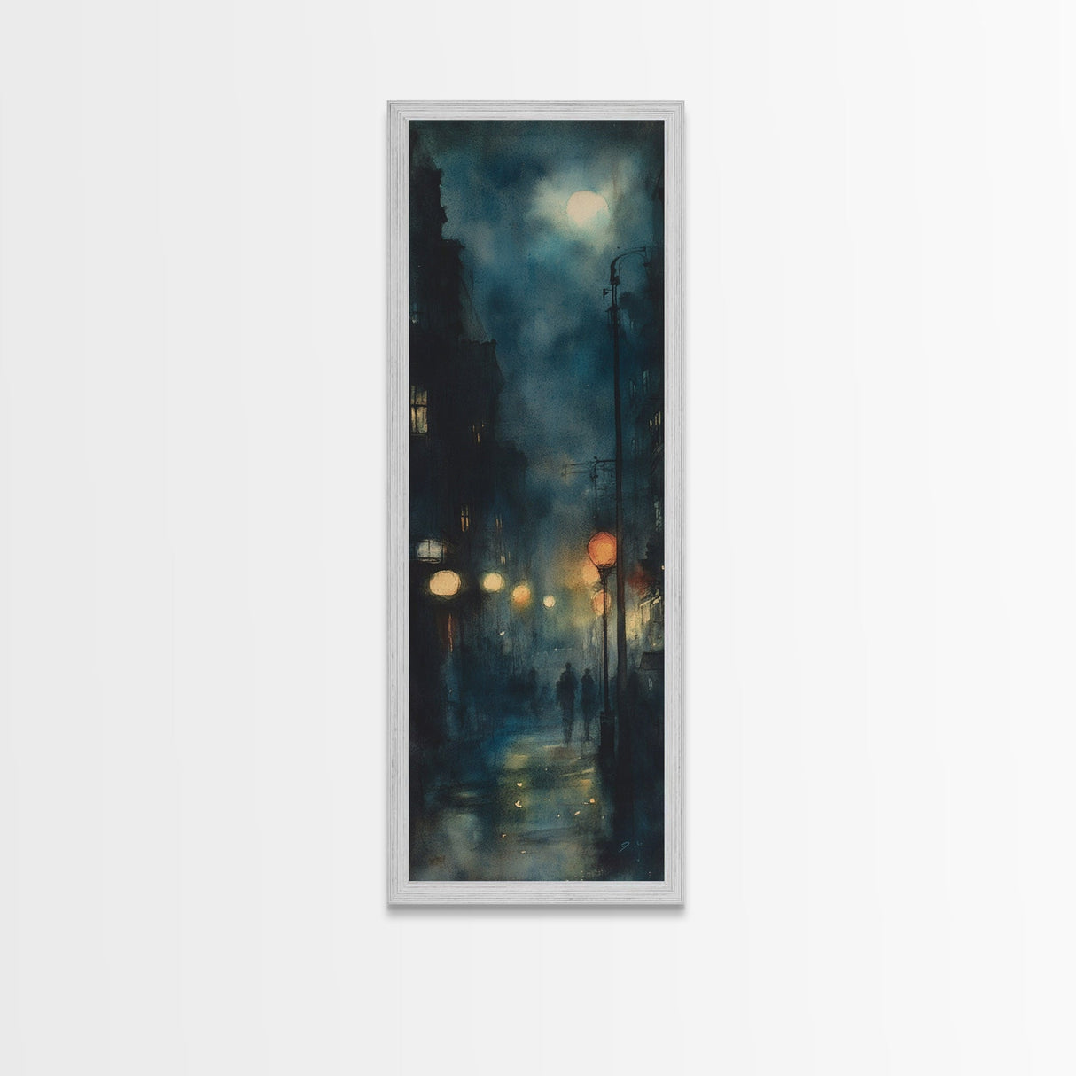 Moody Night Street Scene Framed Canvas Print | Vertical Wall Art | Moody Art | Living Room Art | Gift Idea Him | Urban Nightscape