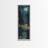 Moody Night Street Scene Framed Canvas Print | Vertical Wall Art | Moody Art | Living Room Art | Gift Idea Him | Urban Nightscape