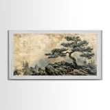 Pine Tree on Rocks Canvas Print Rustic Wall Art Wabi Sabi Minimalist Artwork Zen Art Bedroom Decor Horizontal Landscape Painting