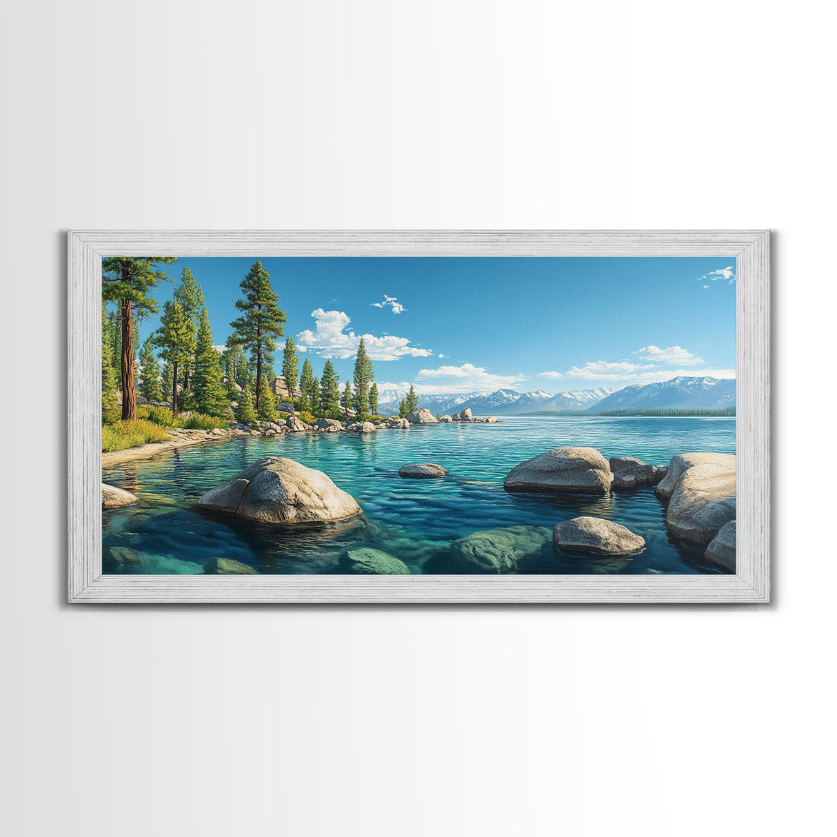 Lake Tahoe Landscape Canvas Print Rustic Wall Art Coastal Nature Scene Above Bed Artwork Living Room Decor Panoramic Painting