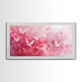 Origami Crane Flight Framed Canvas Print Featuring Pink Wall Art Whimsical Art Long Narrow Wall Art Minimalist Rustic Living Room Decor