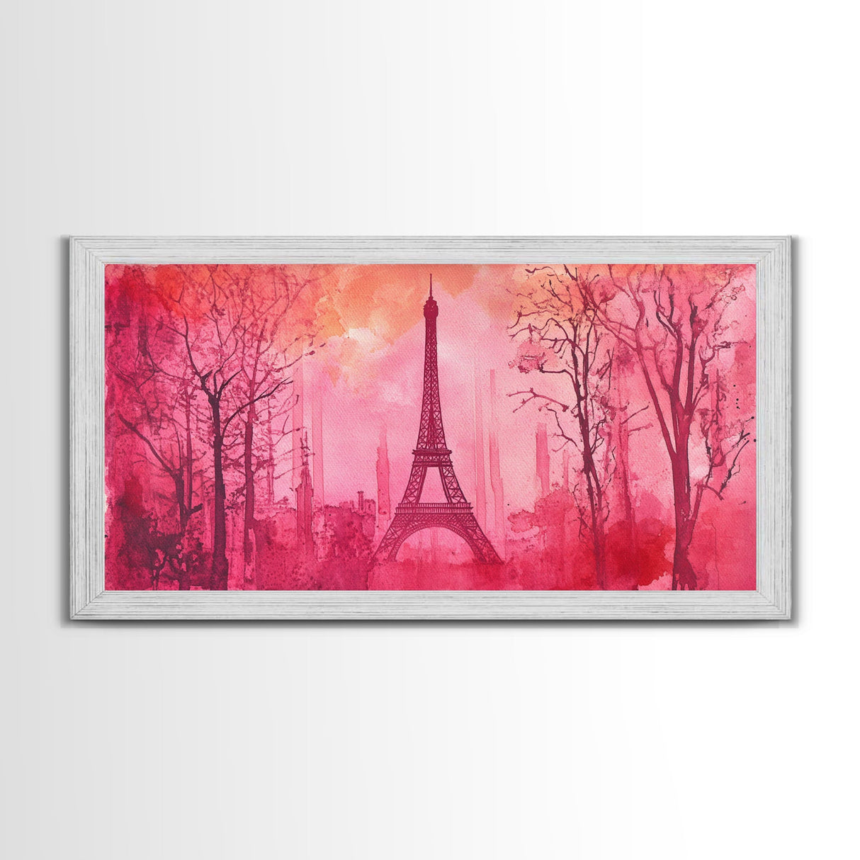 Eiffel Tower Painting Framed Canvas Print, Paris Pink Wall Art Romantic Decor, Horizontal Wall Art Living Room Rustic Gift Idea