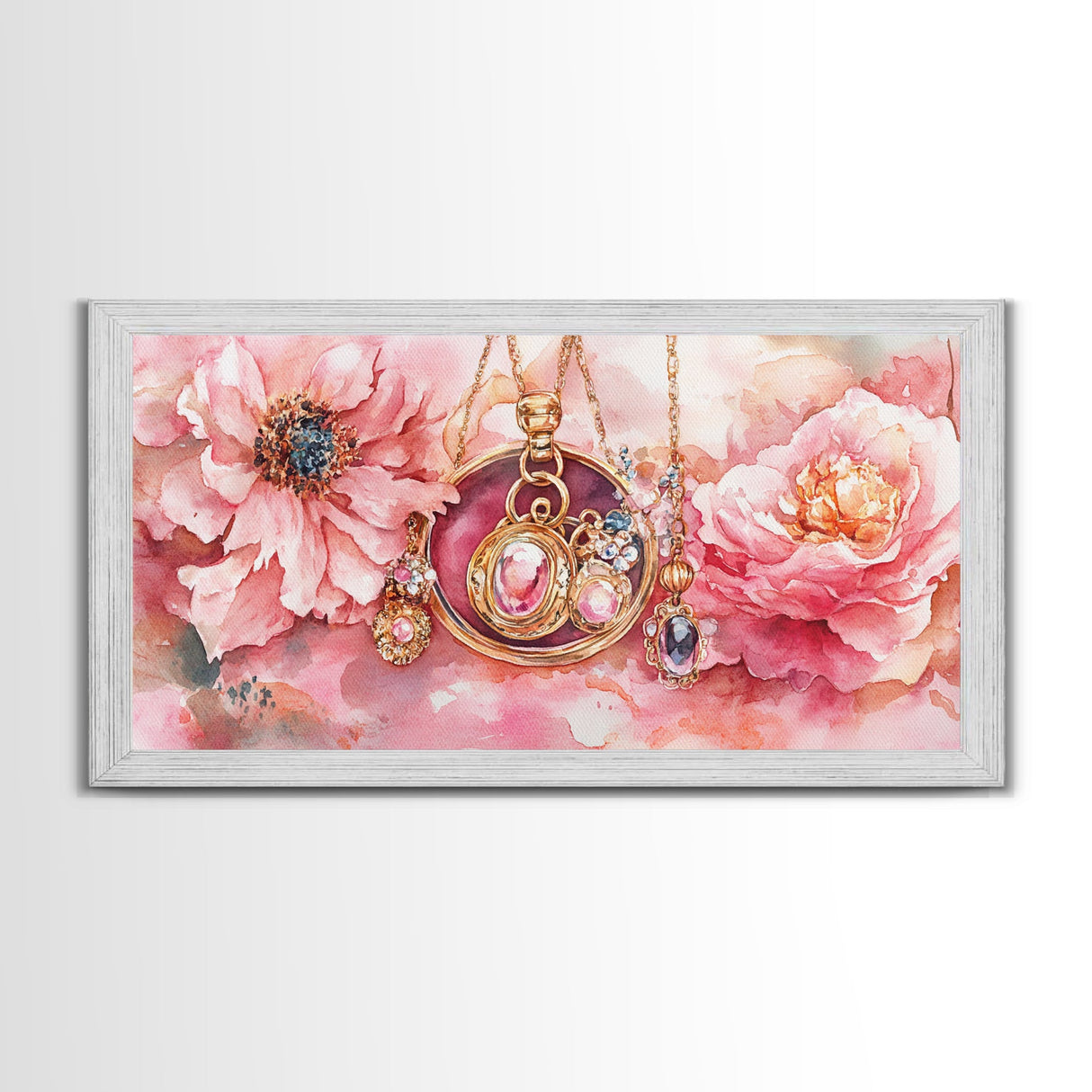 Pink Gemstone Jewelry Canvas Print, Feminine Elegant Artwork, Glamorous Rose Painting, Living Room Wall Art, Unique Decorative Gift