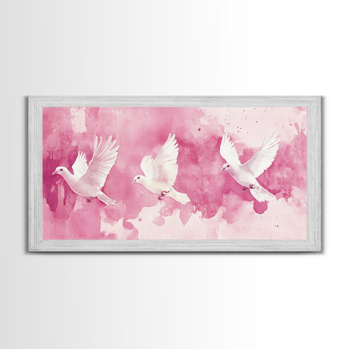 White Dove Flight Canvas Print | Angel Art Prints | Light Pink Wall Art | Minimalist Bird Art | Whimsical Living Room Decor Wall Art