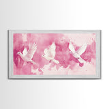 White Dove Flight Canvas Print | Angel Art Prints | Light Pink Wall Art | Minimalist Bird Art | Whimsical Living Room Decor Wall Art