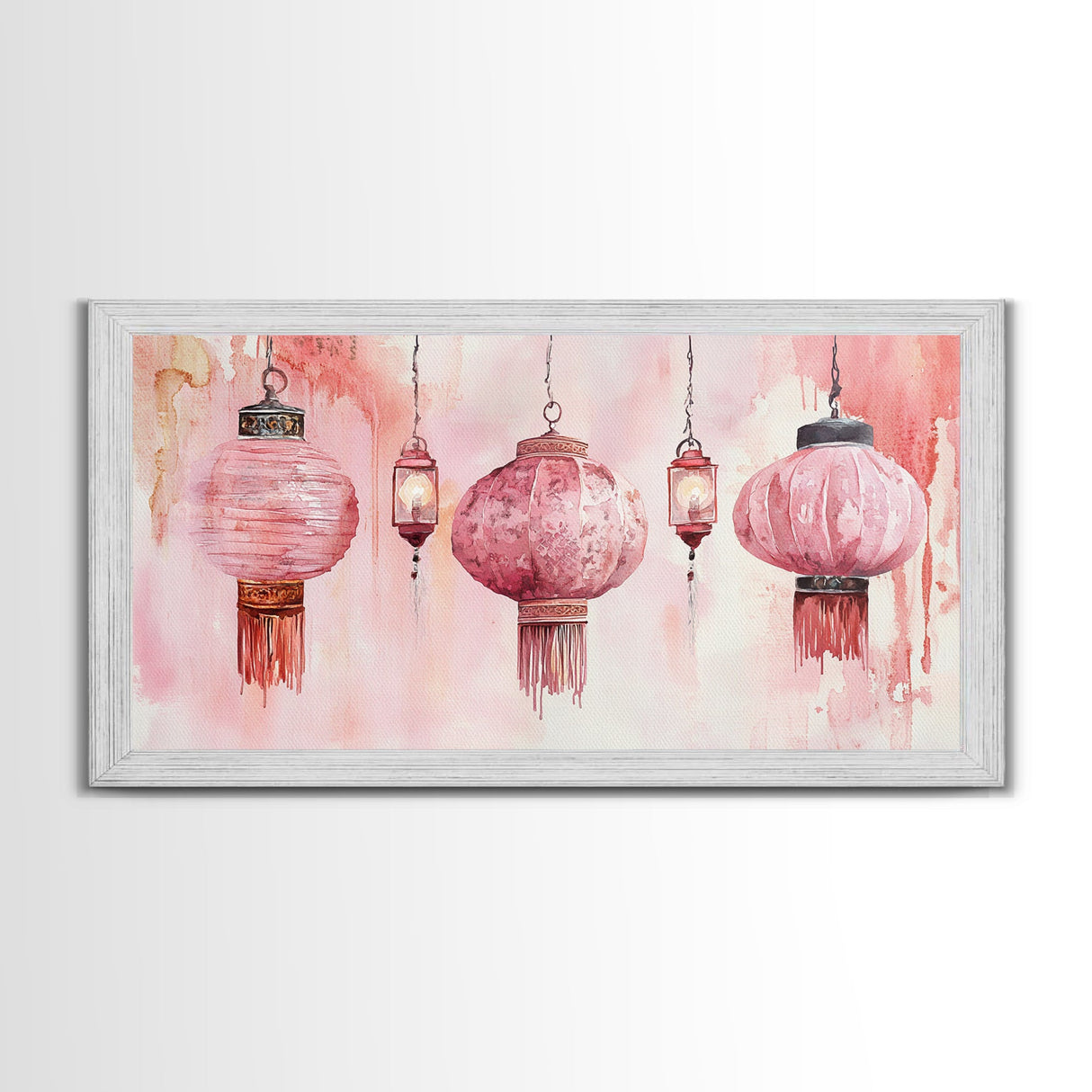 Pink Lanterns Canvas Print Chinoiserie Wall Art Moroccan Wall Art Whimsical Art Living Room Art Rustic Decor Fall Gift Idea