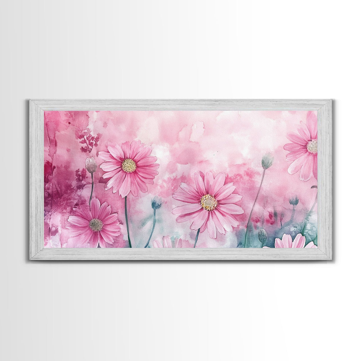 Wildflower Painting Canvas Print, Vibrant Daisy Wall Art with Light Pink Abstract Background, Whimsical Art for Bedroom Decor