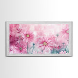 Wildflower Painting Canvas Print, Vibrant Daisy Wall Art with Light Pink Abstract Background, Whimsical Art for Bedroom Decor