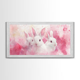 Three Bunnies Canvas Print, Adorable Pink Abstract Art Featuring Rabbits, Whimsical Nursery Wall Decor or Easter Themed Art