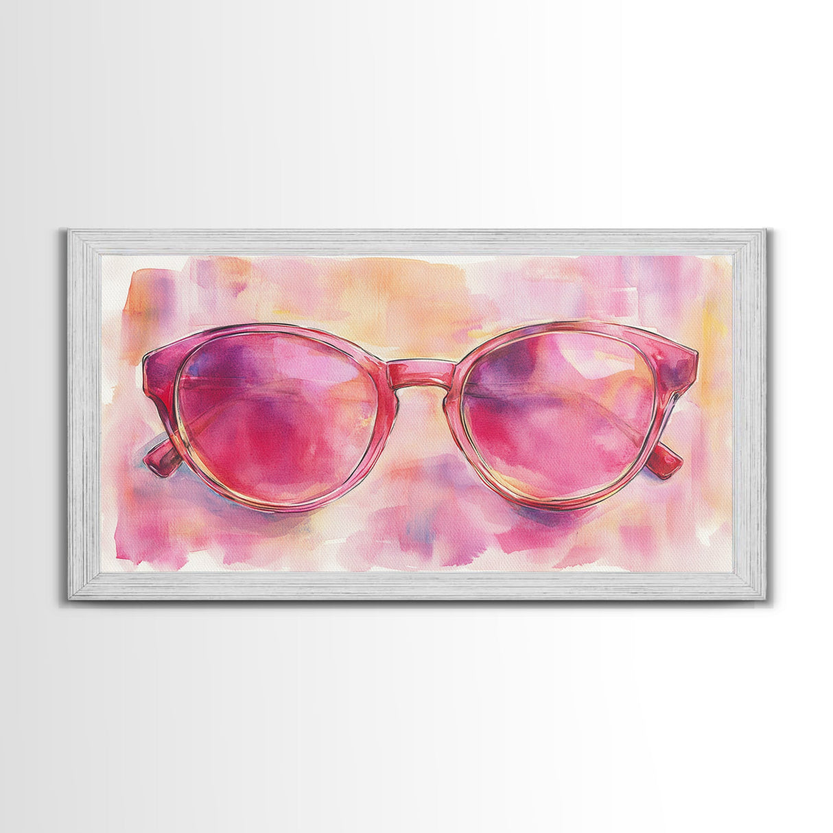 Pink Sunglasses Painting Framed Canvas Print, Whimsical Art Decor, Light Pink Wall Art, Retro Fashion Gift Idea, Original Artwork
