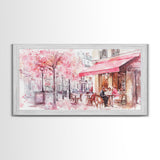 Parisian Café Scene Framed Canvas Print, Cherry Blossom Painting, European Street Art, Romantic Wall Art, Living Room Decor