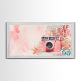 Vintage Camera Painting Framed Canvas Print Pink Wall Art Whimsical Art Living Room Art Light Pink Wall Art Unique Gift Idea