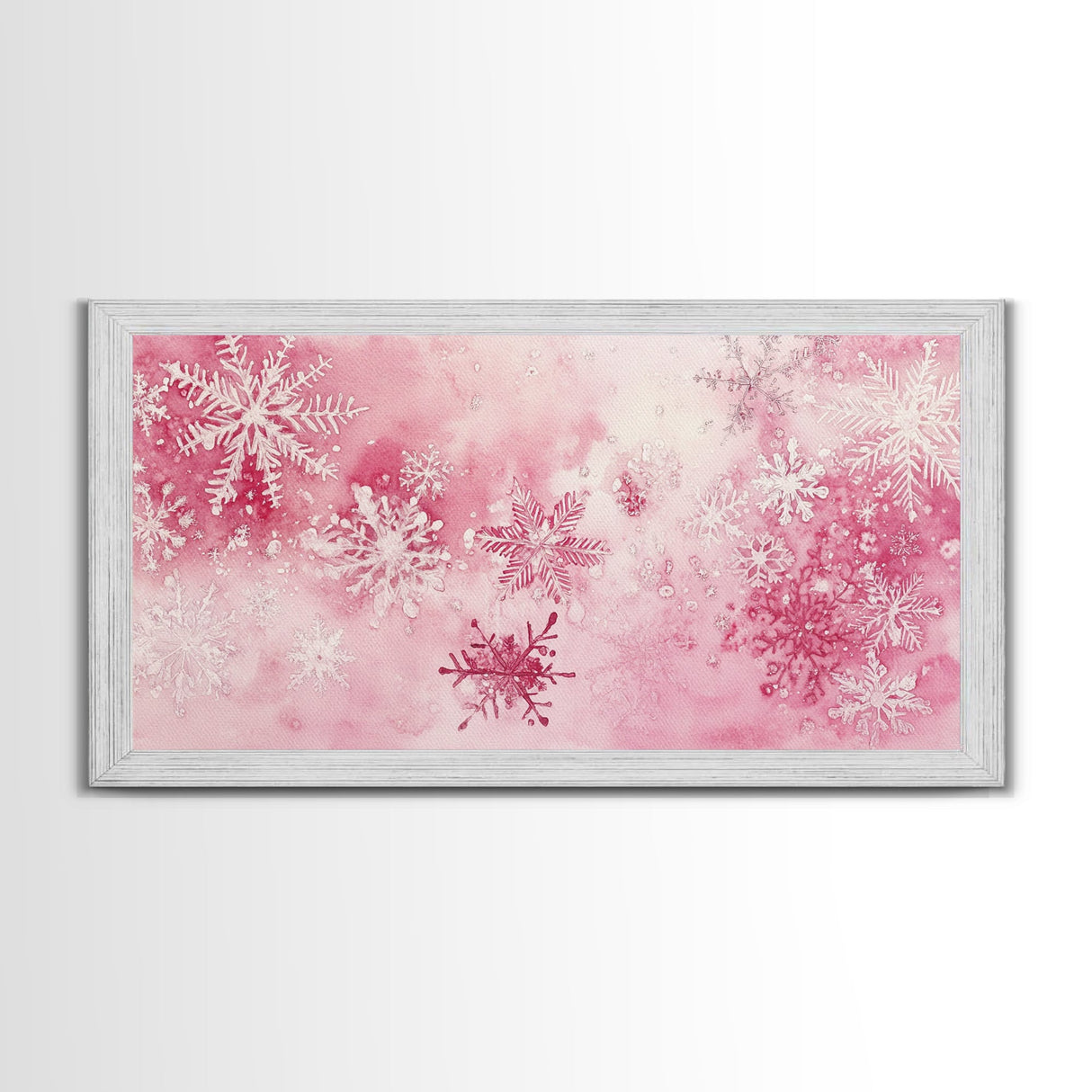 Winter Snowflake Motif with Pink Christmas Wall Art Aesthetic on Framed Canvas Print, Holiday Living Room or Bedroom Decor