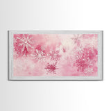 Winter Snowflake Motif with Pink Christmas Wall Art Aesthetic on Framed Canvas Print, Holiday Living Room or Bedroom Decor