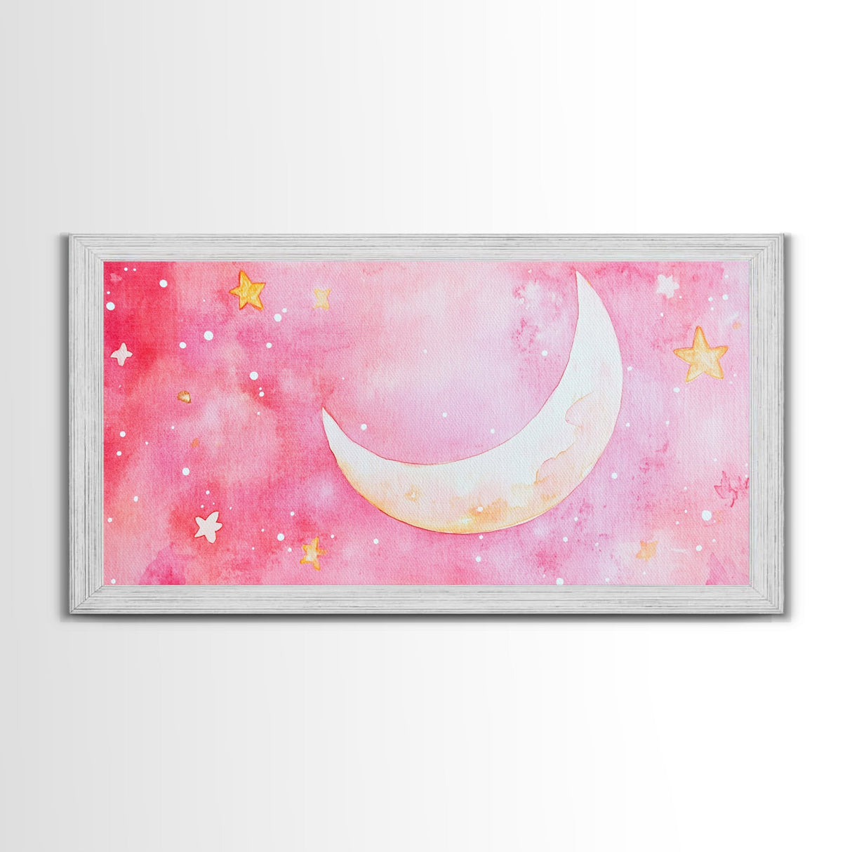Crescent Moon and Stars Design in Pink Wall Art Style on Framed Canvas Print, Nursery or Bedroom Light Pink Whimsical Art