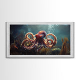 Vibrant Octopus Art Framed Canvas Print, Ocean Wildlife Wall Decor, Rustic Nautical Art, Marine Life Painting, Underwater Sea Art