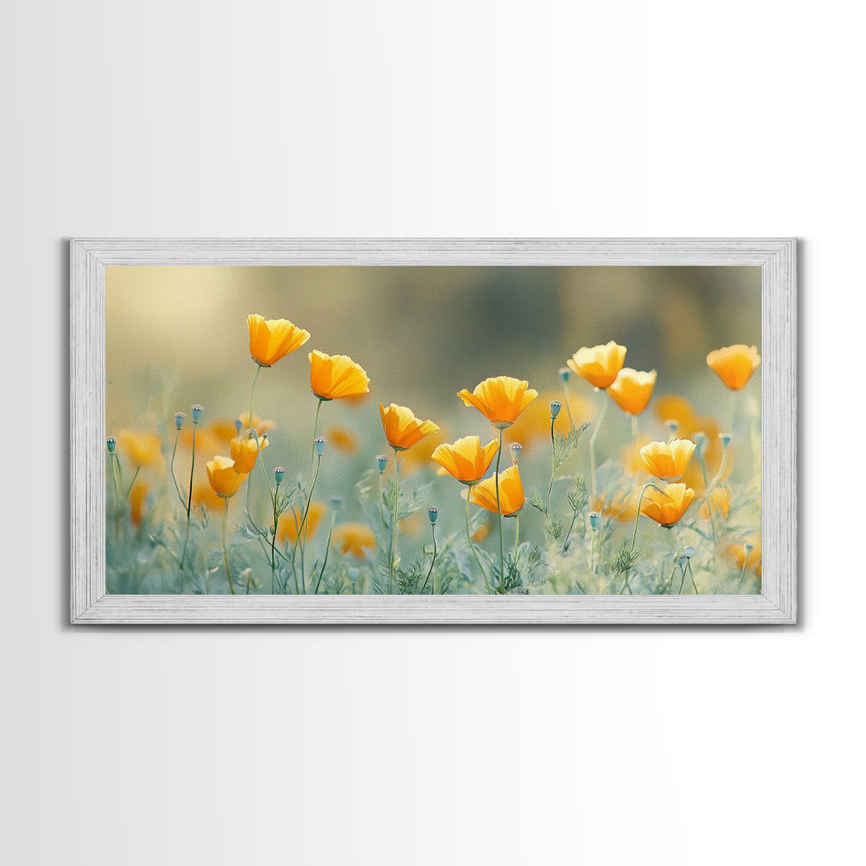 Golden Poppy Floral Canvas Print California Wildflower Art Botanical Wall Decor Rustic Style Extra Wide Horizontal Landscape Art