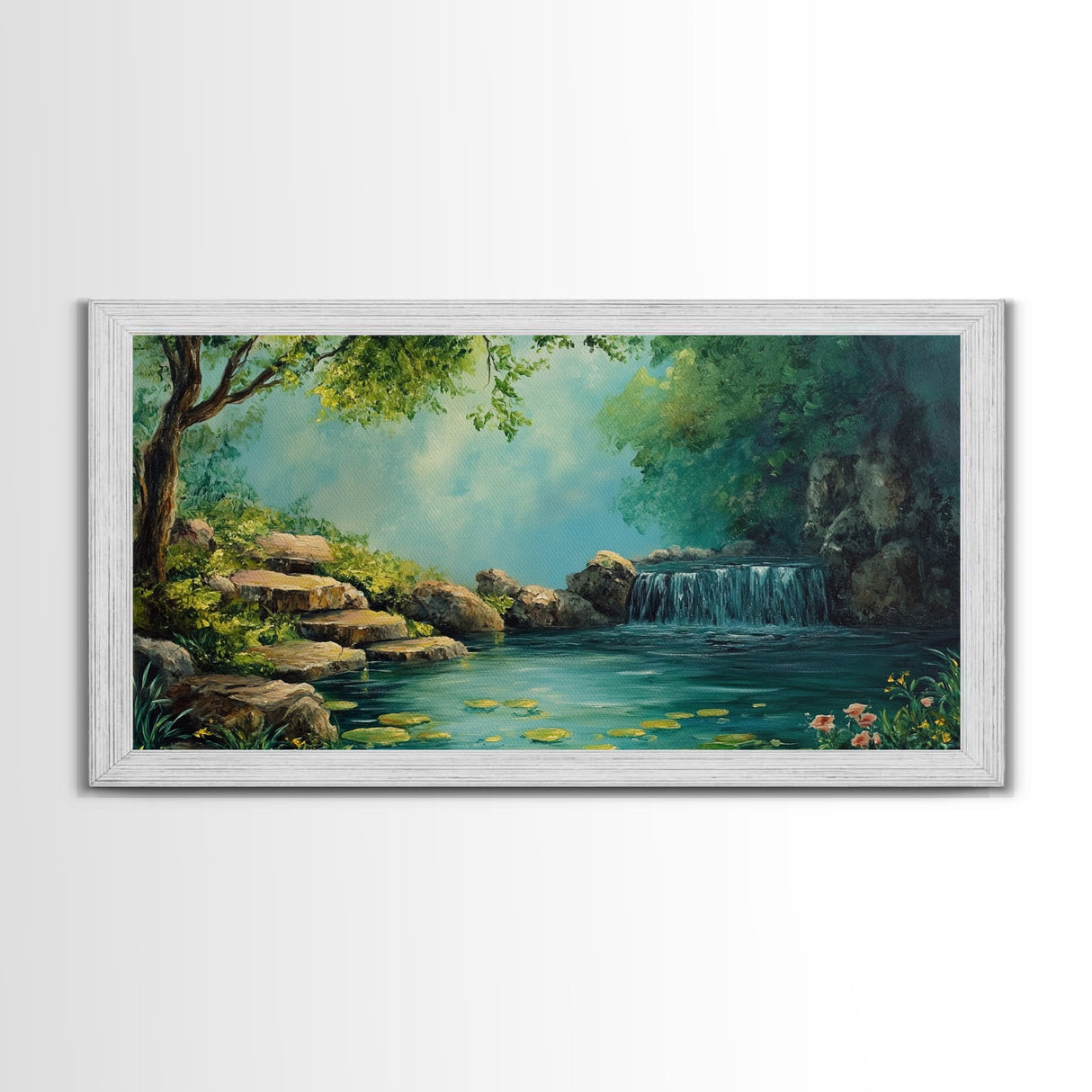 Serene Waterfall Landscape Framed Canvas Print Above Sofa Rustic Decor Living Room Art Peaceful Nature Scene Artwork Farmhouse Wall Art
