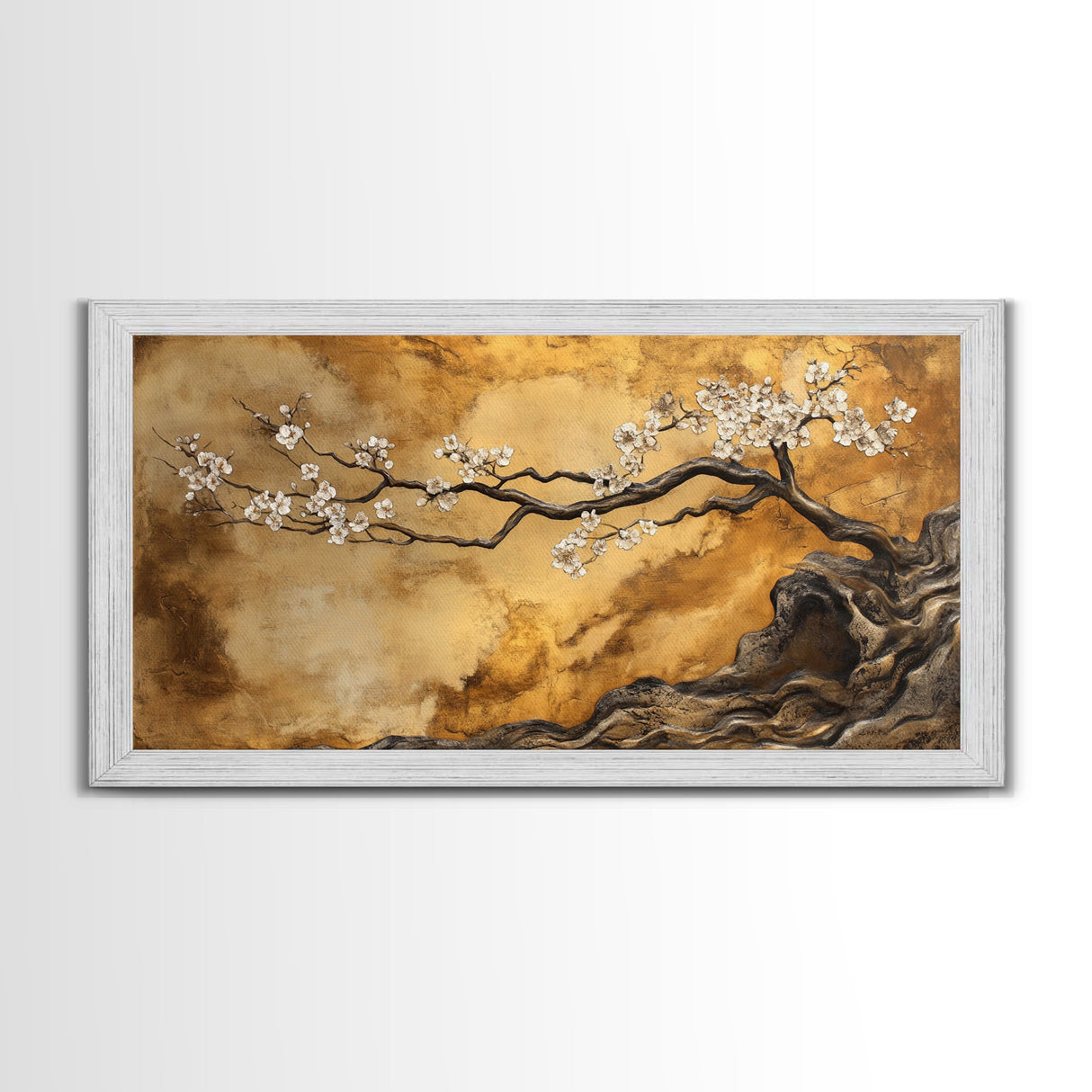 Framed Canvas Print of Golden Cherry Blossom Art in Chinoiserie Style with Metallic Details, Elegant Botanical Wall Art Gift