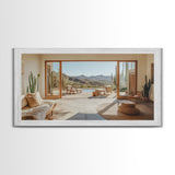 Framed Canvas Print of Desert Retreat with Cactus and Mountain View, Southwest Wall Art, Living Room Boho Decor