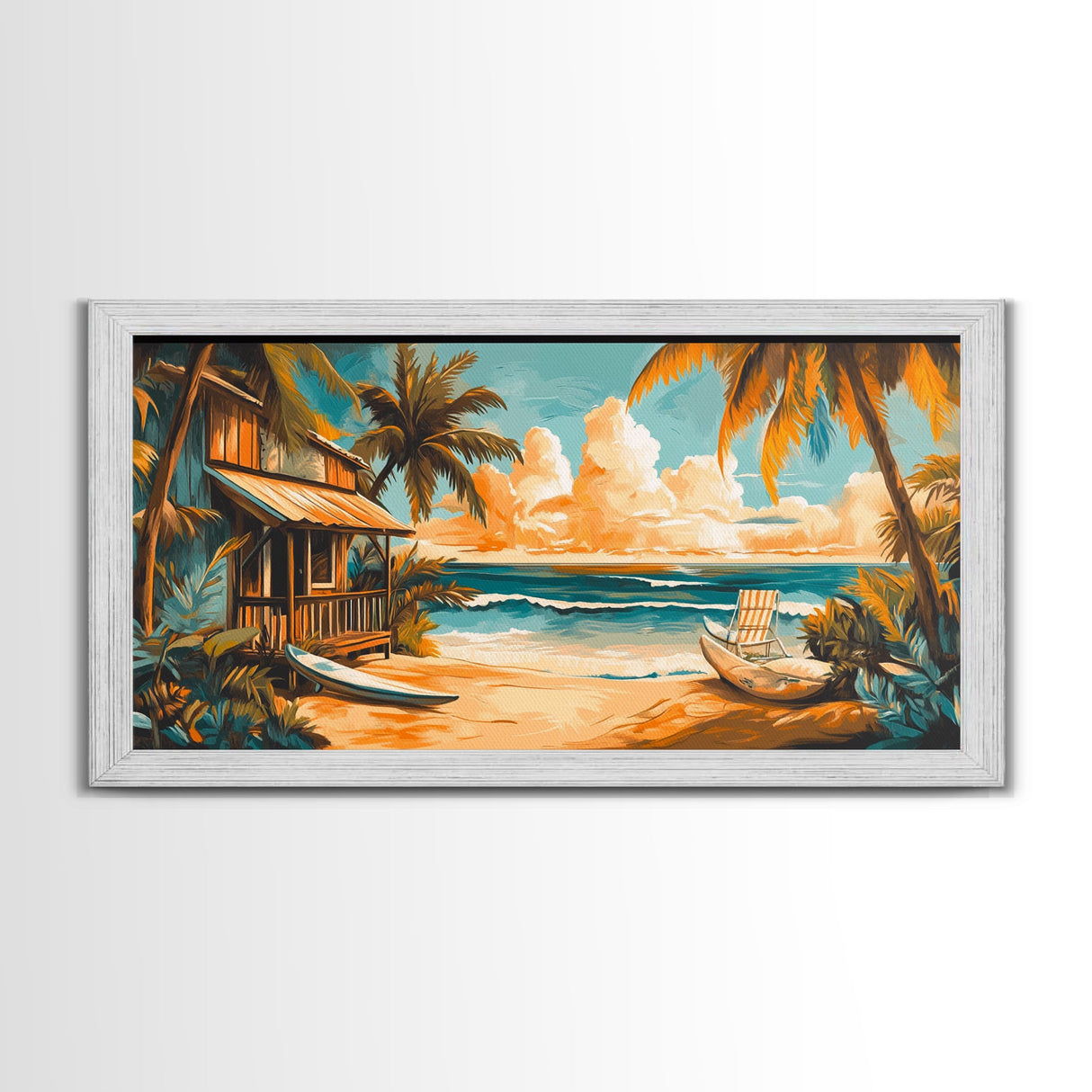 Sunset Surf Shack Canvas Print Nautical Wall Art Coastal Painting Rustic Decor Tropical Landscape Art Extra Wide Art Bedroom Art