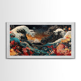 Ocean Waves Framed Canvas Print, Japanese Inspired Coastal Wall Art, Nautical Decor, Coastal Landscape Art, Extra Wide Panoramic Art