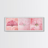 Trio of Elegant Fans Canvas Print, Minimalist Boho Pink Artwork, Oriental Fan Wall Art for Bedroom, Light Pastel Wall Decor Idea